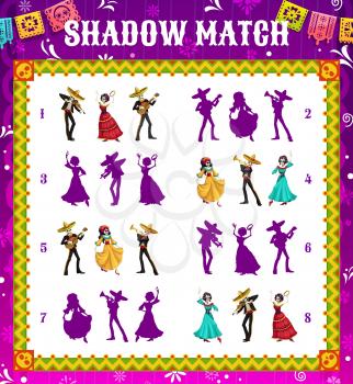 Dia de los Muertos shadow match game, vector kids puzzle with Mexican holiday dancing skeletons. Memory maze or riddle with task of find and connect cartoon calavera Catrina and mariachi skulls