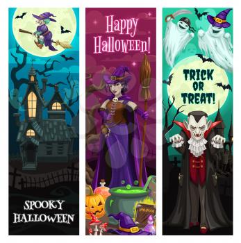 Halloween banners, party and horror night monsters, trick or treat holiday, vector. Happy Halloween spooky pumpkin lanterns, witches and monsters, vampire dracula and haunted house at cemetery