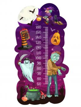 Kids height chart with cartoon Halloween monsters, growth measure meter, vector background. Kids height chart or baby measure scale with Halloween holiday pumpkin, witch ghosts and zombie