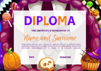 Kids diploma with Halloween vector sweets and monster mouth. Certificate with cookies and candies pumpkin or skull. Chocolate cupcake in witch hat and lollipops. School or kindergarten frame template