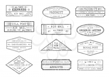 Airmail postage and post office stamps with city and date, vector icons. Express delivery, ordered letter and priority confidential stamps from New York USA America, Barcelona Spain and London Britain
