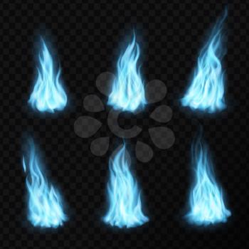 Gas and realistic blue fire flames, light energy blaze vector icons. Blue gas or fire flames with glow effect, explosion smoke and burning flares or blue fireballs on transparent, background