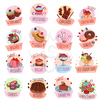 Sweets, desserts, ice cream and chocolate vector icons of sweet food. Cake, donut and cupcake, candy, macaron and muffin, cookie, pudding and gingerbread symbols, pastry shop, cafe and confectionery