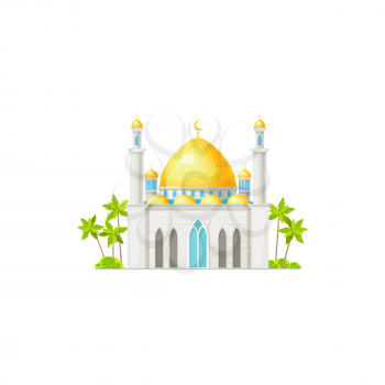 Mosque icon, Muslim and Islam religion building architecture, vector. Arabian or Egyptian Islamic mosque with minarets, Allah holy place, Muslim religious culture and worship temple shrine