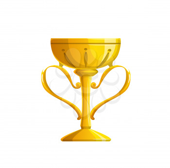 Golden trophy cup vector icon of isolated winner award or champion prize. Gold goblet of sport championship, game, competition, contest or tournament, leadership reward and victory celebration concept