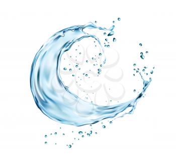 Water splash with wave swirl and liquid drops, vector blue fresh aqua. Realistic transparent water splash with swirl droplets, clean drink twirl frame with splashing bubbles flow