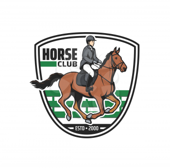 Horse club vector icon with jockey and horse on equestrian sport arena. Horseback rider with equine harness, saddle and bridle, jockey helmet and boots, horse racing, jumping and dressage competition