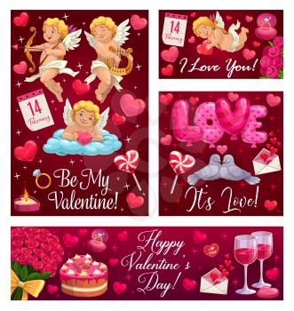 Happy Valentine day, Be My Valentine, I love you calligraphy with heart balloons, angels and red roses. Vector Valentine holiday celebration cupids with golden bow and arrow, wedding cake and ring