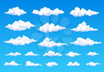 Cartoon fluffy white clouds in blue sky. Vector summer cloudscape, clouds in heaven. Soft and spindrift or cumulus weather and nature. Meteorology isolated white clouds