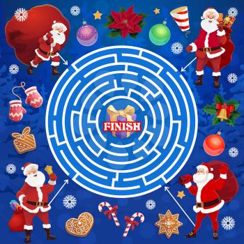 Children Christmas holiday labyrinth maze with Santa character. Child logical game, kids educational riddle or playing activities book page template. Santa with sack, mittens and sweets cartoon vector