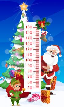 Kids height chart. Christmas tree and Santa Vector wall sticker growth meter for children height measurement with cartoon characters funny elf and Santa Claus, gifts near scale and xmas decor