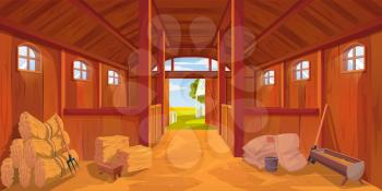 Farm stable or barn interior with sand floor, vector cartoon hayloft haystacks on wooden ranch. Farm house or stable inside on empty background, horse stalls or agriculture barn and farmhouse hut