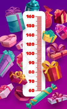 Christmas and birthday gifts kids height chart. Cartoon growth measure meter vector template with ruler scale, festive boxes and bags of presents, ribbons and bows, children stadiometer wall sticker