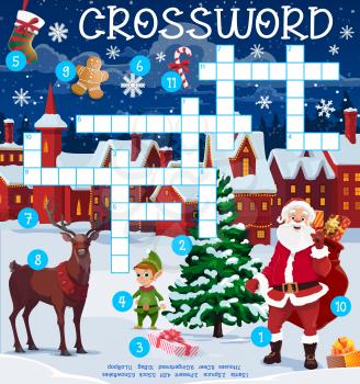Santa, elf in Christmas town and reindeer, crossword puzzle game grid, vector find word quiz. Xmas worksheet or kid crossword riddle with Christmas tree decorations Santa gifts and gingerbread cookies