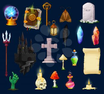 Cartoon Halloween game assets, UI characters and interface icons, vector. Halloween computer game GUI skull and magic potion elixir, horror night candle and lantern, witch crystal ball and tombstone