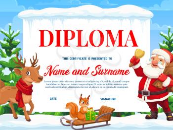 Diploma or certificate of education achievement vector template with Christmas gifts, Santa and reindeer. School graduation, appreciation award, educational competition honor gift, Xmas characters