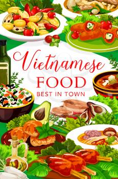 Vietnamese cuisine rice, vegetable, meat and fish dishes vector design. Soup pho bo with beef, noodles and mushrooms, grilled cutlets, baked pork and mackerel with pears and herbs