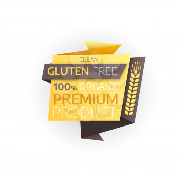 Gluten free premium product vector icon of organic food origami paper banner with wheat ear or cereal grain spikelet. Eco clean, bio and hypoallergenic product label, cereal allergy or intolerance