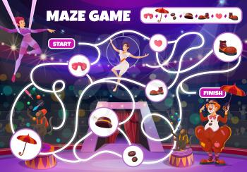 Circus maze game, vector labyrinth kids boardgame with big top artists on stage. Children test with cartoon characters clown, air gymnast, juggling apes and tangled path. Educational riddle with clue
