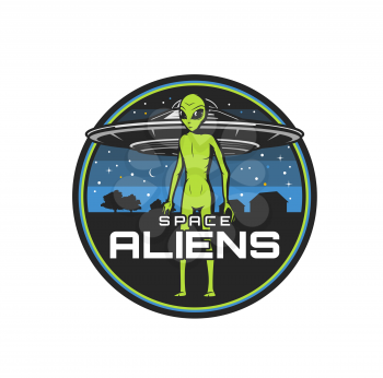 Space aliens icon with vector UFO spaceship or flying saucer, green alien monster, martian or extraterrestrial creature. Isolated round badge of ufology and astronomy themes