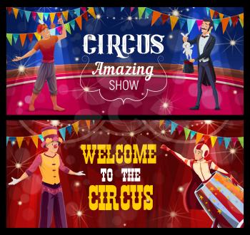 Shapito circus stage, acrobat, fire eater, stilt walker and cannon ball man perform show program on scene. Cartoon vector banners with performers on big top arena, amusement entertainment carnival