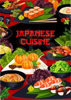Japanese restaurant food menu cover template. Mandarin in sweet syrup, yakitori and shish kebab with shiitake, shrimps cream and noodle soup with pork, seaweed salad, uramaki and nigiri sushi vector