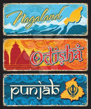 Nagaland, Odisha and Punjab Indian states vintage plates or banners. Vector aged signs, travel destination landmarks of India. Retro grunge boards, worn touristic signboards plaques with ornament