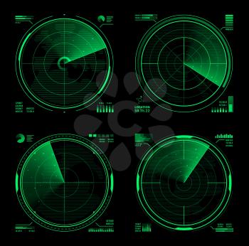 HUD military radar or vector navy sonar display screen interface of navigation system. Futuristic digital head up display of army search technology, green neon grid of detection equipment