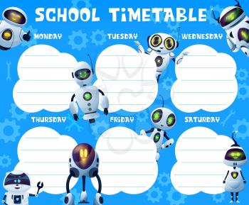 Timetable with androids and robots, school education vector schedule, timetable, weekly planner or study plan. Student classes week chart with background of cartoon robots and gears