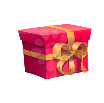 Red holiday gift box with golden bow ribbon for birthday present. Vector isolated gift box for celebration of wedding, anniversary or holiday present with golden ribbon bow in red wrapper
