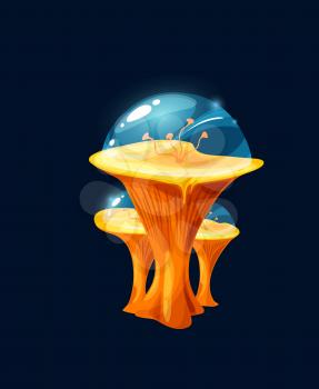 Fantasy magic jelly yellow mushroom. Cartoon vector alien planet plant, flower or live organism with single leg, antennas or tentacles, transparent force field dome, fairy tale mushroom