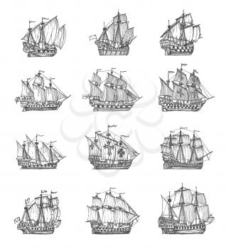 Vintage pirate sail ships and sailboats. Medieval caravel, frigate vessel sketches. Ancient geographical map element, treasure hunt and nautical travel adventure engraved vector icons with galleons