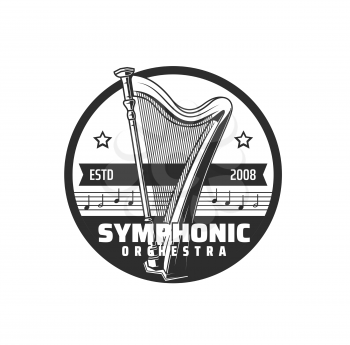 Symphonic orchestra icon, music concert and harp with notes, vector emblem. Philharmonic opera and musical symphonic orchestra live performance sign with harp and music notes stave with stars