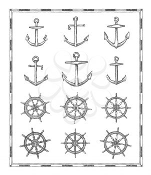 Anchors and helm sketches. Vintage, antique map elements. Marine sailing, nautical adventure and naval history hand drawn vector icons with admiralty and fisherman anchors, sailboat steering wheel