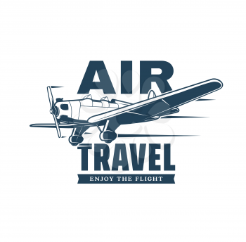 Air travel vector icon. Retro plane or biplane with propeller, wings and wheels flying in sky. Airline flights, tourism and aviation tours isolated blue symbol with retro fixed wings aircraft