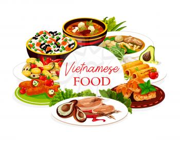 Vietnamese asian cuisine rice, fish and meat food dishes with vegetables. Vector beef pho bo, sweet sour and noodle soups, baked pepper with cheese, pork cutlet and mackerel, sweet pancake rolls