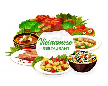 Vietnamese restaurant icon of beef pho bo and mushroom noodle soups with Asian rice and vegetables. Vector peppers stuffed with cheese, grilled cutlets on lemongrass stems and baked pork with pear