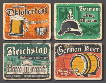 Germany travel landmarks and German Oktoberfest beer vector design. Glass, barrel and tankard of lager or ale alcohol drinks with barley and hops, Reichstag building, heraldic eagle and spiked helmet