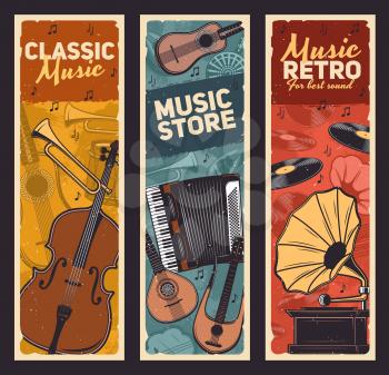 Musical instruments and vintage gramophone, retro music vector design. Drum, guitar and trumpet, vinyl records, player and musical notes, cello, accordion, Japanese shamisen and medieval harp mandolin