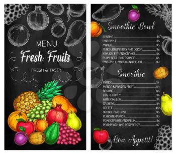Smoothie cafe tropical fruits drinks chalkboard menu. Pineapple, grape and pomegranate, pear, apple and plum, avocado, kiwifruit and orange, peach and mango sketch vector. Drinks menu cover template