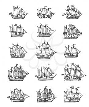 Sail ship, sailboat and brigantine vintage sketch. Vector pirate boat, nautical frigate with flags and wooden deck. Vintage sea vessels, engraved galleons design elements isolated on white background
