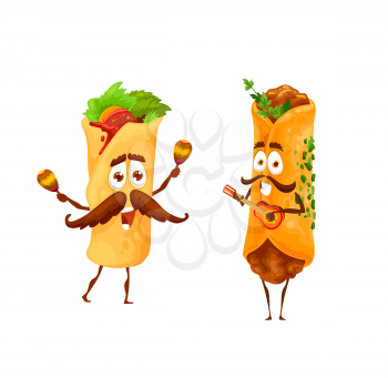 Cartoon mexican enchiladas and burritos happy characters. Mexican cuisine street restaurant meals with corn tortilla, meat and vegetables, funny burrito and enchilada playing on guitar and maraca