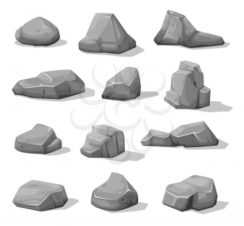 Cartoon rock stones and boulders. Grey rubble, gravel or cobble. Mountain stones, concrete vector pieces or granite debris, construction gravel or geology mineral, game environment design elements