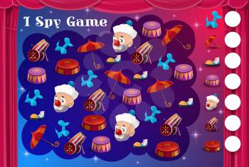 Kids I spy game with circus items and clowns, vector cartoon find and match riddle. Kids tabletop puzzle or I spy game with shapito funfair carnival clowns boots, dog balloon and cannonball