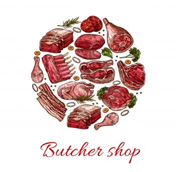 Pork, beef, lamb and chicken meat sketch of vector butcher shop meat food. Beef steak, pork chops and ribs, bacon stripes, burger patties, chicken and lamb legs, herbs and spices, fresh meat design