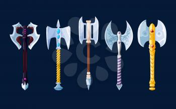 Magical cartoon steel axes and hatchets weapon. Medieval knight vector arms. Ancient warrior or royal soldier battle axe or halberd and tomahawk weaponry armor with golden hilts, game asset