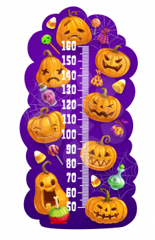 Kids height chart with Halloween pumpkin lanterns, vector growth measuring meter. Kids height chart or baby measure with Halloween cartoon pumpkin monsters and trick or treat candies with witch potion