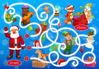 Child Christmas labyrinth maze with fairytale characters. Kids search path game, children find way holiday activity. Santa Claus, bear and fox, snowman, elf and fairy, Christmas gifts cartoon vector