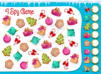 I spy educational game for kids with Christmas sweets and items, vector puzzle. Math worksheet for kindergarten, school, preschool. Development of numeracy skills and attention cartoon riddle page