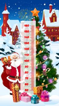 Kids height chart, cartoon Christmas, Santa and Xmas gifts, vector winter background. Kids height chart or baby measure scale with Christmas tree on snow and Santa with holiday gifts